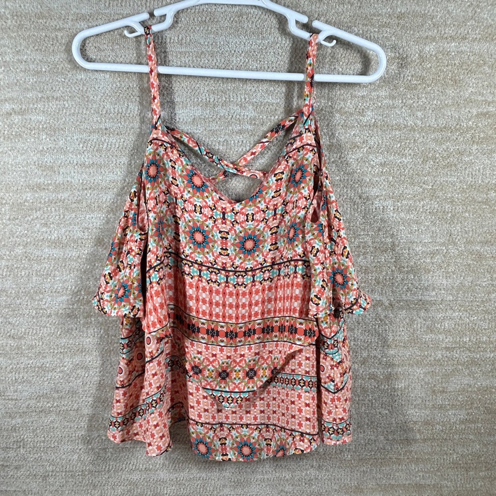 Torrid Womens Boho Geometric Kaleidoscope Cold Shoulder Strappy Top Coral Size 0 - Picture 4 of 8